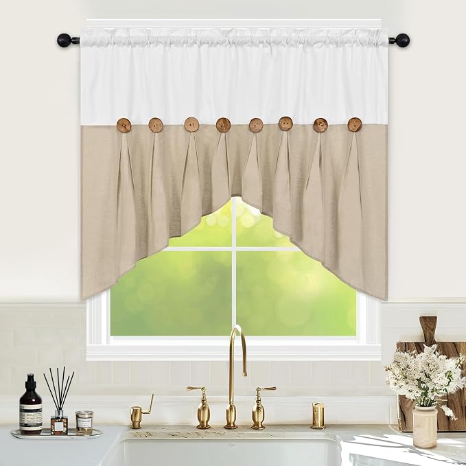 Farmhouse Swag Curtain, Boho Cotton Linen Valance Curtain, Rustic Button Window by FRAMICS