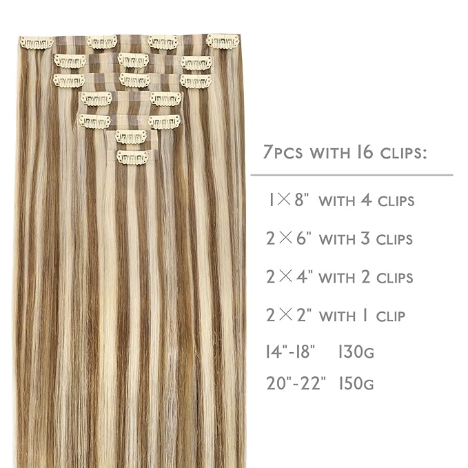 WENNALIFE Seamless Clip In Hair Extensions, 18 Inch 7pcs 130g Ash Brown with Platinum Blonde Highlights Hair Extensions Clip In Real Human Hair Extensions Invisible PU Weft Hair