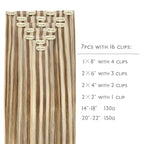 WENNALIFE Seamless Clip In Hair Extensions, 16 Inch 7pcs 130g Ash Brown with Platinum Blonde Highlights Hair Extensions Clip In Real Human Hair Extensions Invisible PU Weft Hair