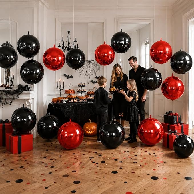 9 Pcs Black Red Round Foil Balloons Halloween Balloon | 22 In Black Metallic - Image 3