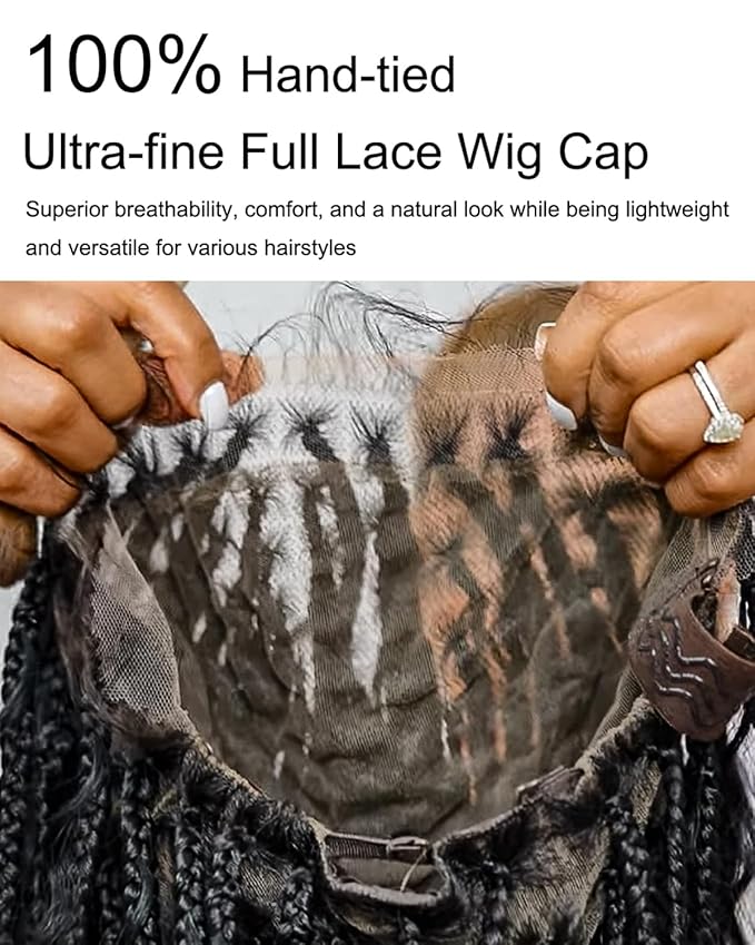 Human Hair Boho Curls Hand-Tied HD Full Lace Wig - 24" Salon-Level Small Box Synthetic Braids (100 Braids, High Density) Pre-Cut Swiss HD Lace, Pre-Plucked, Tangle-Free - 1B/27 Honey Blond