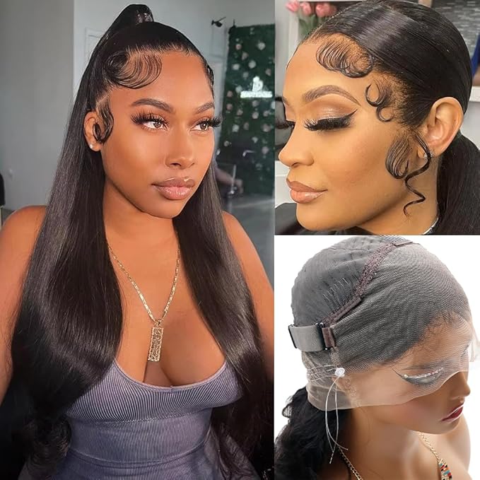 Hidden Strap Invisi Strap Straight 360 Glueless Wigs Human Hair Pre Plucked Pre Bleached Brazilian Virgin Wig With Drawstring 250 Density HD Full Lace Front Wigs Human Hair 22 Inch