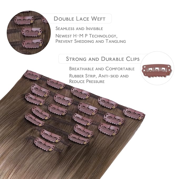 WENNALIFE Clip in Hair Extensions Real Human Hair, 18 Inch g 7pcs Balayage Sandy Brown to Platinum Blonde Remy Hair Straight Natural Extensiones De Cabello Humano Con Clip Ins