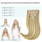 DOORES Hair Extensions Seamless Clip in Real Human Hair, Light Blonde Highlighted Golden Blonde 24 Inch 120g 7pcs, Human Hair Extensions Skin Weft Remy Straight Hair Invisi Edge Hair Extensions