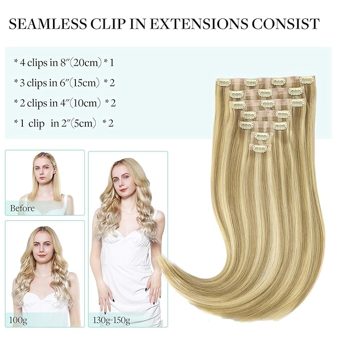 DOORES Hair Extensions Seamless Clip in Real Human Hair, Light Blonde Highlighted Golden Blonde 24 Inch 120g 7pcs, Human Hair Extensions Skin Weft Remy Straight Hair Invisi Edge Hair Extensions