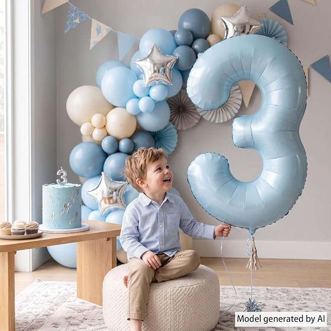 Baby Blue Number 3 Balloon 40 Inch, Sky Pastel Foil Numeral Party Supplies | - Image 2