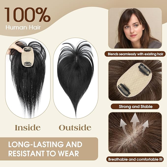 Hair Toppers for Women Real Human Hair -360°3D 10inch Topper with Bangs for Thinning Hair, Clip-in Bangs with Upgraded Silk Base, Perfect for Daily Wear(Dark Blonde#27)