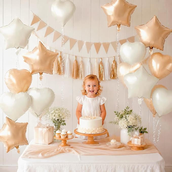 TONIFUL 18 Inch Cream Caramel Star and Heart Foil Balloons - Image 5