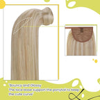 RUNATURE Blonde Human Hair Ponytail Extension, Long Ponytail Extension Real Human Hair 20 Inch, Ponytail Hair Extensions With Magic Paste, Remy Natural Hair, 80g #18P613 Ash Blonde Highlight