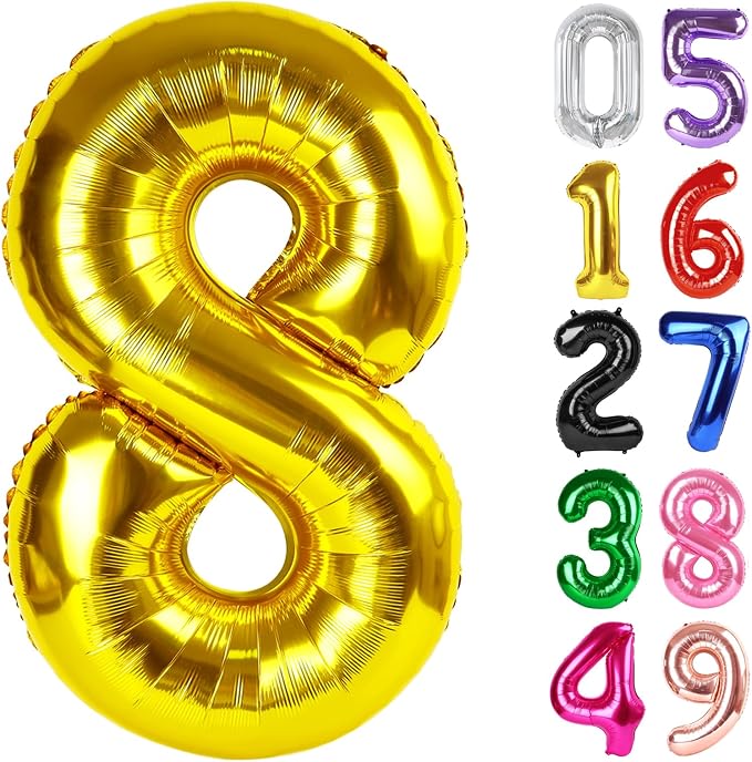 Gold Number 8 Balloon 40 Inch, 8th Birthday Party Decorations Men Women | Foil by IWERP