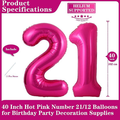 Hot Pink 21 Number Balloons, 40 Inch Giant Number 21 Balloons Foil Mylar Helium - Image 2