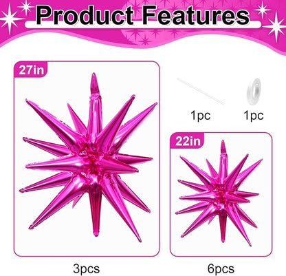 9Pcs Hot Pink Star Balloons, Large Explosion Star Foil Balloons, Metallic Pink - Image 2
