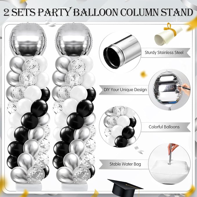 2 Sets Black Silver White Balloon Column Stand Kit, Adjustable Floor Tower - Image 3