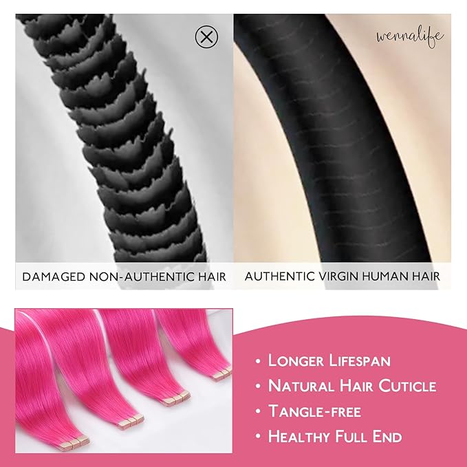 WENNALIFE Tape in Hair Extensions Human Hair Hot Pink Tape in Extensions, 10pcs 30g 24 inch Remy Invisible Tape Ins Straight Colored Soft Real Human Hair Tape in Extensions Refill Set Extensions