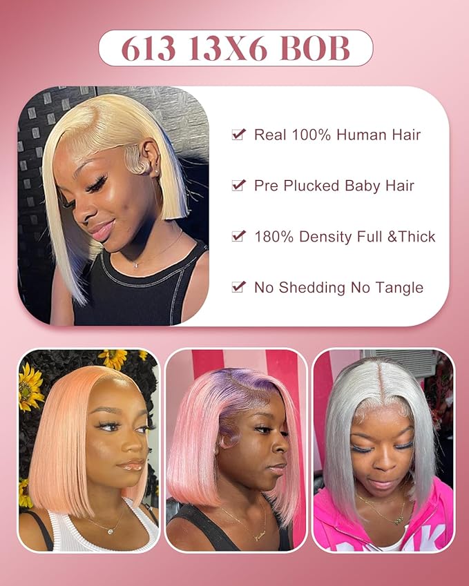 Alididi 613 Blonde Bob Wig Human Hair Straight 13x6 Transparent Lace Front Wigs Human Hair Pre Plucked Glueless Short Bob Wig human hair 180% Density 613 bob wigs for black women 12 Inch