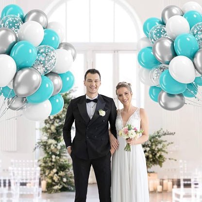 60pcs Teal Silver and White Balloons 12inch - Image 5
