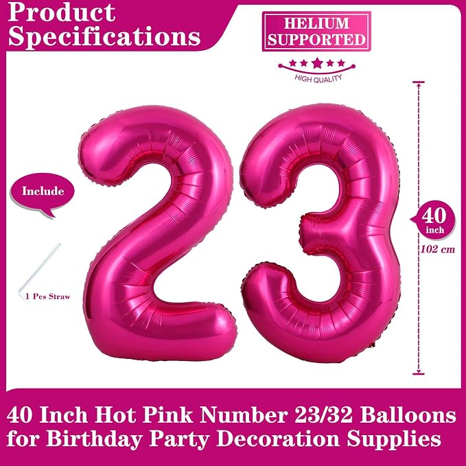 Hot Pink 23 Number Balloons, 40 Inch Giant Number 23 Balloons Foil Mylar Helium - Image 2