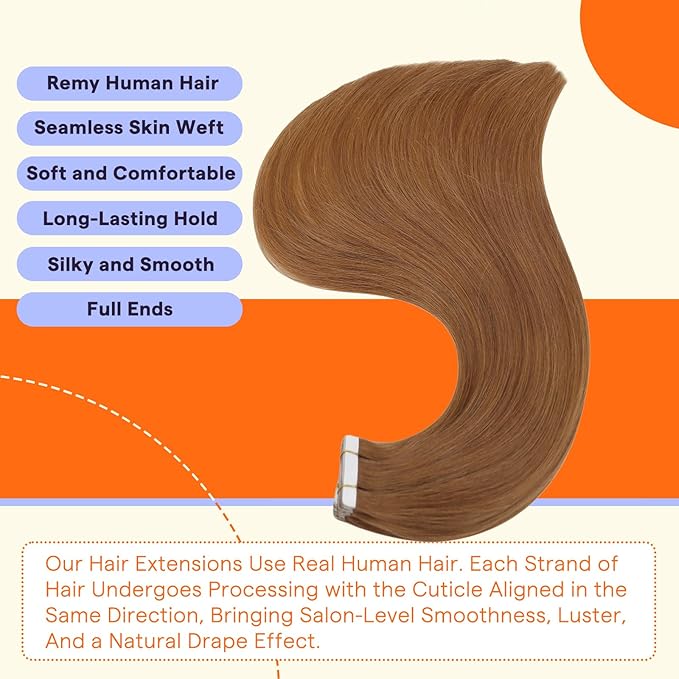 Full Shine Human Hair Extensions Tape Ins Color 330 Auburn Invisible Tape in Hair Extensions Human Hair 20 Inch Remy Tape Extensions for women 50g 20PCS Add Length