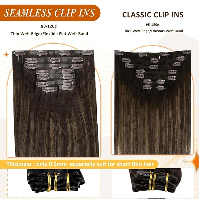 Full Shine Brown Balayage Hair Extension Clip ins Short Clip in Hair Extensions 12 Inch Dark Brown to Light Brown with Blonde Remy Hair for Daily Wear 8 PCS 95G