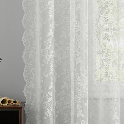 FINECITY Ivory Lace Curtains for Living Room Rustic Floral 52x96 Inch 2 Pcs | - Image 5