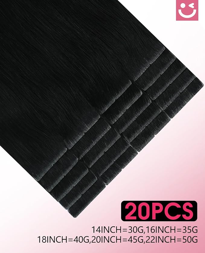 Youngsmile Injection Tape in Hair Extensions Real Human Hair, #1 Jet Black 22 Inch Invisible Edge Tape in Injected Hair Extensions, 20pcs 50g, Straight Remy Virgin Human Hair Tape ins (#1,22'')