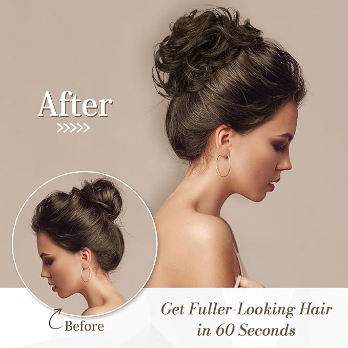 RUWISS Large Messy Bun Hair Piece 100% Human Hair Layered Wavy Curly Hair Buns Hair Piece for Women Thick Updo Hairpiece for Daily Wear Real Hair Ponytail Extension (Brown with Warm Blonde Highlights)