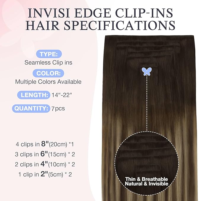 DOORES Invisible Clip in Hair Extensions 18 inch 110g 7pcs, Real Human Hair Invisi Edge Clip in Extensions, Virgin PU Clipins Straight Thickening Hairstyle, 4/27/4 Chocolate Brown to Caramel Blonde