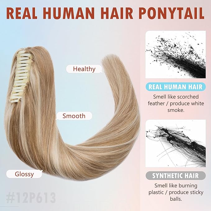Hairro Claw Clip Ponytail Human Hair Extensions Jaw On Ponytails Remy Long Straight Jaw/Claw Clips Pony Tail Hairpieces For Women 18 Inch 115g #12P613 Golden Brown Mix Bleach Blonde