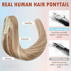 Hairro Claw Clip Ponytail Human Hair Extensions Jaw On Ponytails Remy Long Straight Jaw/Claw Clips Pony Tail Hairpieces For Women 18 Inch 115g #12P613 Golden Brown Mix Bleach Blonde