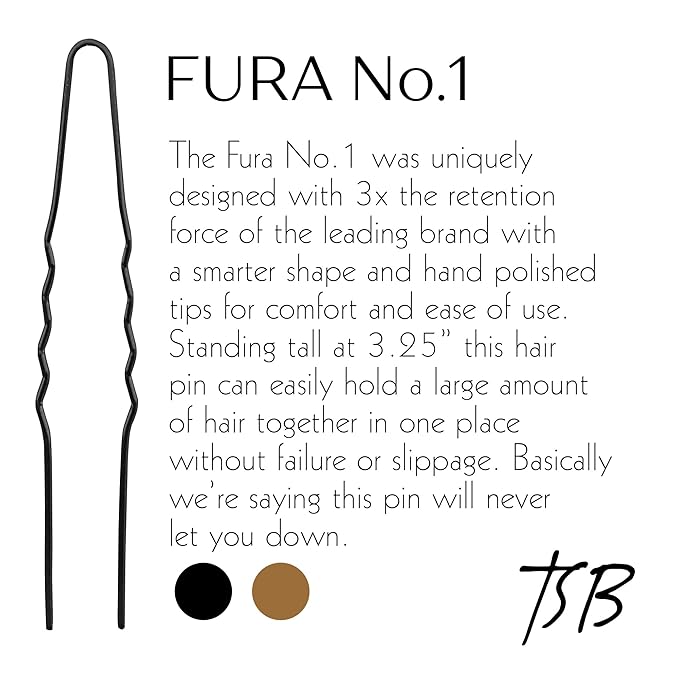 TSB Fura No.1 Professional Black Jumbo Hair Pins Set of 30-3.25 inches, 3x Retention, Vintage Style - Ideal for Weddings & Fashion Events - Comfortable, Non-Slip & Strong Hold