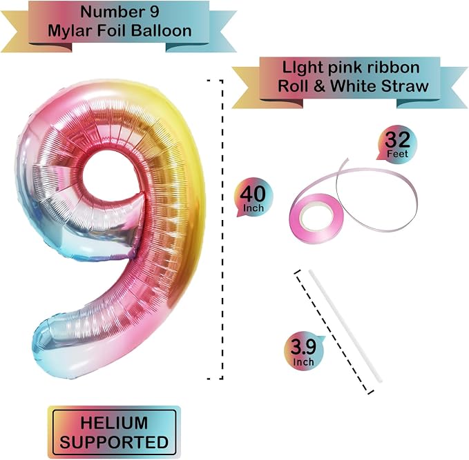 40 Inch Giant Rainbow Number 9 Balloons, Birthday Balloons, Helium Mylar Foil - Image 2