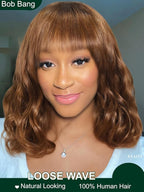 KLAIYI Brown Bob Wig Human Hair with Bangs Loose Body Wave Glueless 4x2 HD Transparent Lace Closure Chestnut Chocolate Brown with Highlight Blonde Ready to Wear and Go Beginner Wigs Pre Plucked 10Inch