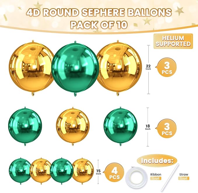 Green and Gold Round Foil Balloons, Metallic Dark Green Gold Foil Baloon - Image 2