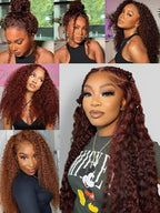 Julia Hair Reddish Brown Glueless Jerry Curly Human Hair Invisi-Drawstring Wig Auburn Pre Cut 7x5 Lace Front Wigs Pre Plucked Bleached Pre Cut Lace Closure Natural Hairline Put On and Go 22 Inch