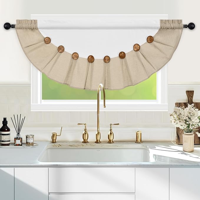 Farmhouse Valance Curtains, Boho Cotton Linen Kitchen Valance, Rustic Button - Image 2