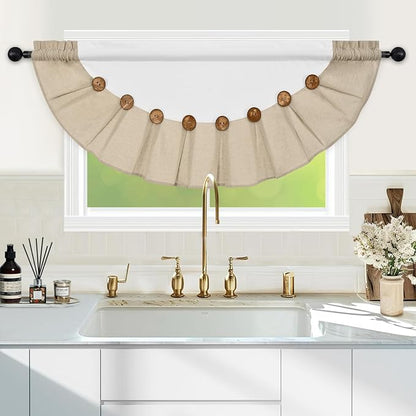Farmhouse Valance Curtains, Boho Cotton Linen Kitchen Valance, Rustic Button - Image 2