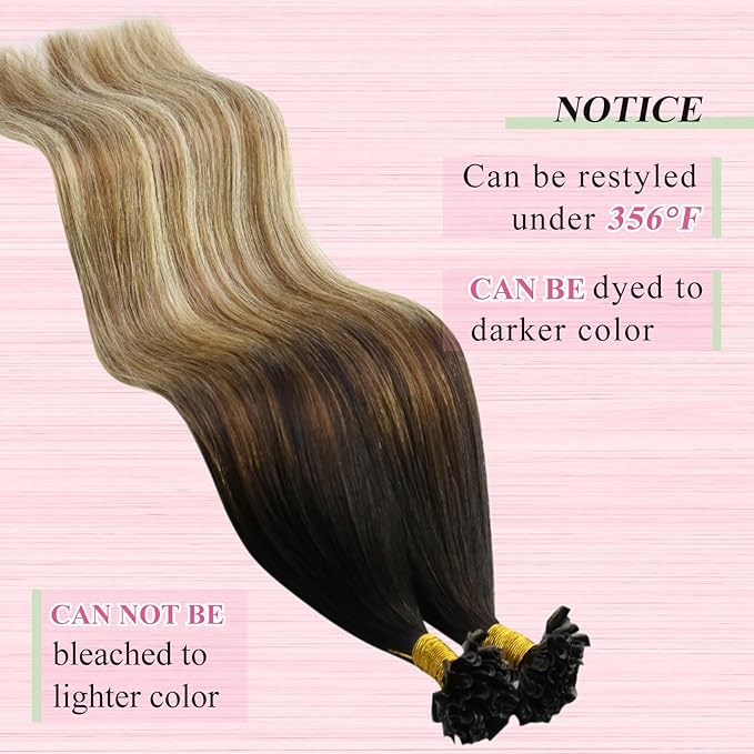 YoungSee U Tip Hair Extensions Human Hair Balayage U Tip Hair Extensions Ombre Dark Brown to Brown with Blonde K Tips Hair Extension Real Human Hair Silky 18In Balayage Utip Remy Hair 1g/s 50g