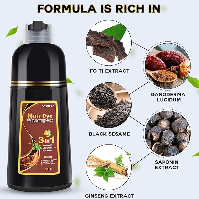 cosmpro Hair Dye Shampoo Chestnut Brown Hair Color Shampoo for Gray Hair Coverage Herbal Hair Dye Shampoo 3 in 1 for Men and Women, Instant Color Shampoo