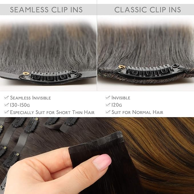 WENNALIFE Seamless Clip In Hair Extensions, 14 Inch 130g 7pcs Balayage Dark Brown to Chestnut Brown Hair Extensions Clip in Human Hair Invisible PU Skin Weft Natural Remy Human Hair Extensions