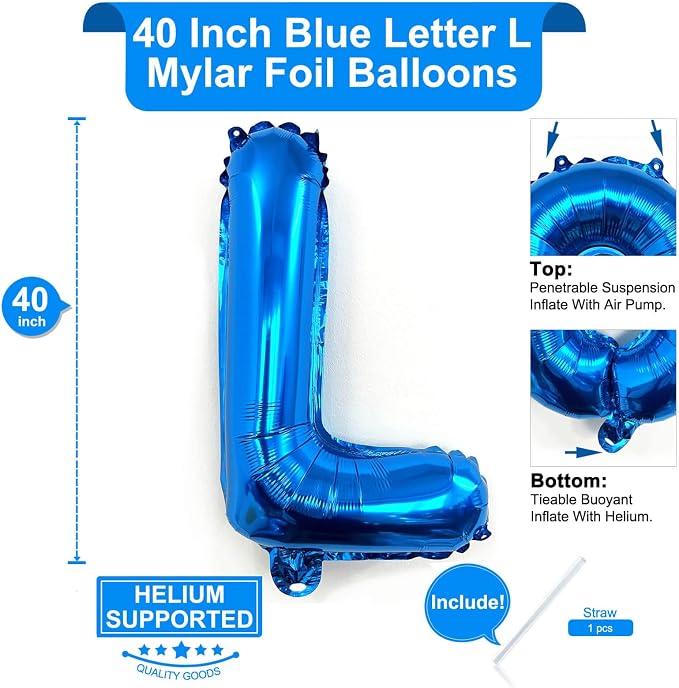Lovoir 40 Inch Large Blue Letter L Balloons Big Size Jumbo Mylar Foil Helium - Image 2