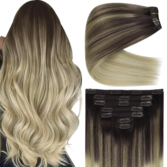 Ve Sunny Human Hair Clip in Extensions Comfortable Clip in Hair Extensions Real Human Hair Dark Brown Ombre Dark Golden Blonde Balayage Light Blonde Hair Clip in Extensions 100g 7pcs 14inch