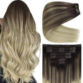 Ve Sunny Clip in Hair Extensions Real Human Hair Flexible Human Hair Clip in Extensions Ombre Hair Clip in Extensions Dark Brown Ombre Golden Blonde Mix Light Blonde Natural Look 7pcs 120g 18inch