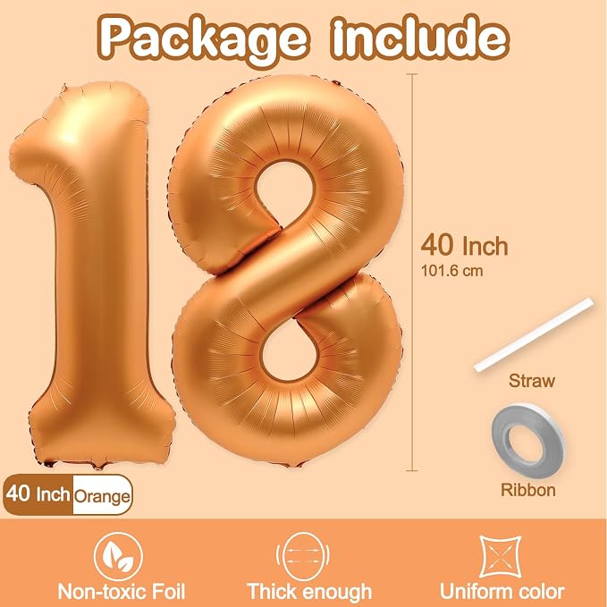 18 Balloon Number, 40 Inch Orange Foil Balloons Giant Jumbo Helium Number 18 - Image 2