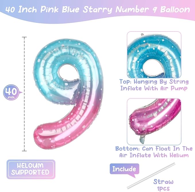 40 Inch Blue Pink Number 19 Balloon, Ombre Foil 19th Birthday Party Decor | - Image 4