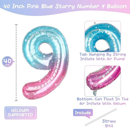 40 Inch Blue Pink Number 19 Balloon, Ombre Foil 19th Birthday Party Decor | - Image 4