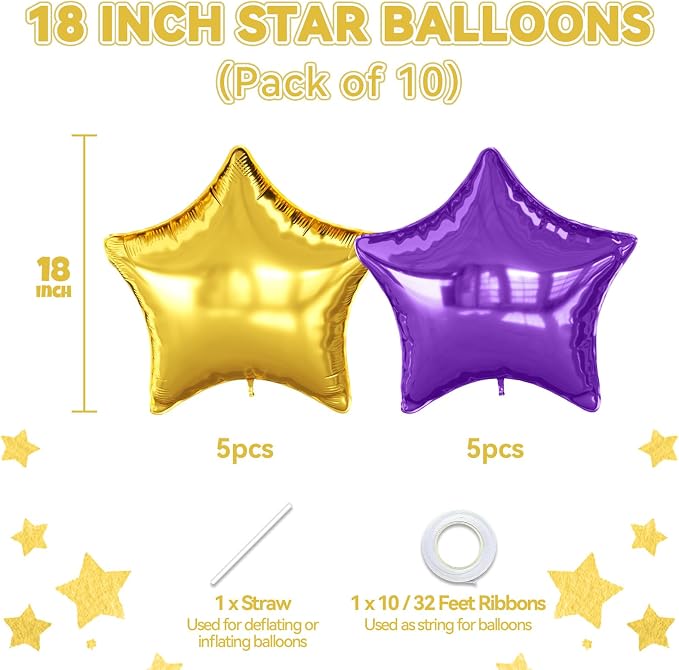 Purple Gold Star Foil Balloons, 18 Inch Metallic Purple and Gold Stars Balloon - Image 2