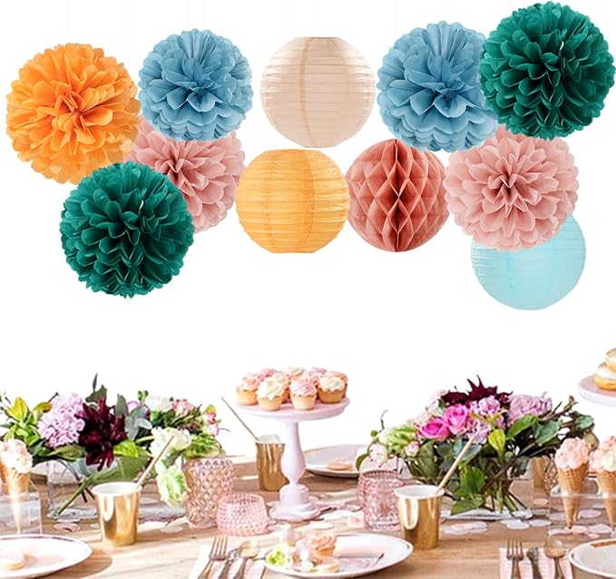 Dusty-Blue Orange Teal Party-Decorations Paper-Flowers - Image 2