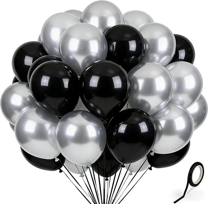 Black Silver Balloons 60Pcs 12 Inch Latex Balloon Set by Kelfuoya