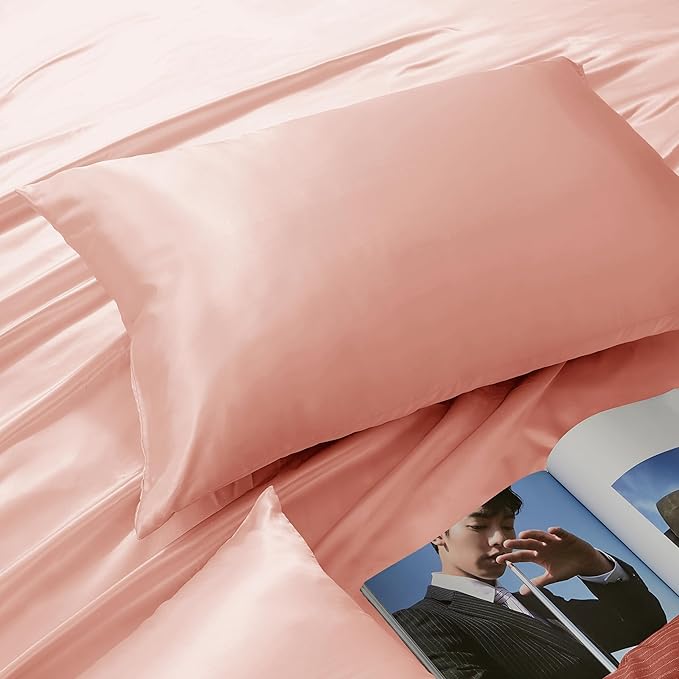 Rose Gold Satin Pillowcase Queen Size Set of 2 for Hair and Skin, Rose Gold Silk Pillowcase Breathable Pillowcase with Envelope Closure