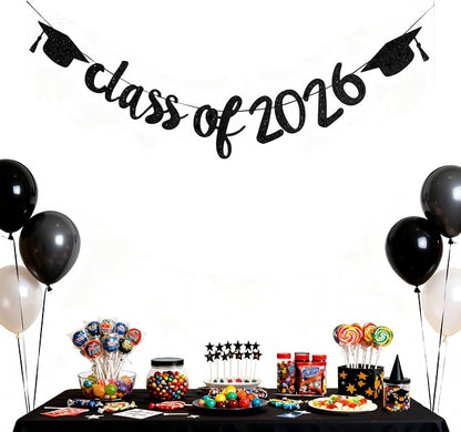 2026 Graduation Banners Party Decoration Black Glitter Class of 2026 Banner | - Image 2